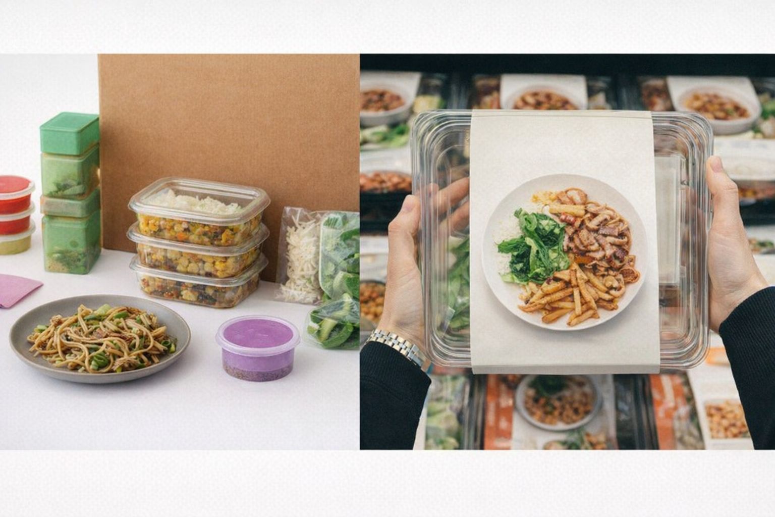 Färdigpackade matlådor och ingredienser från en matkasse.