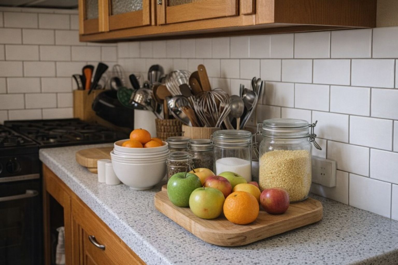 Färska frukter och ingredienser på en köksbänk i ett ljust kök.