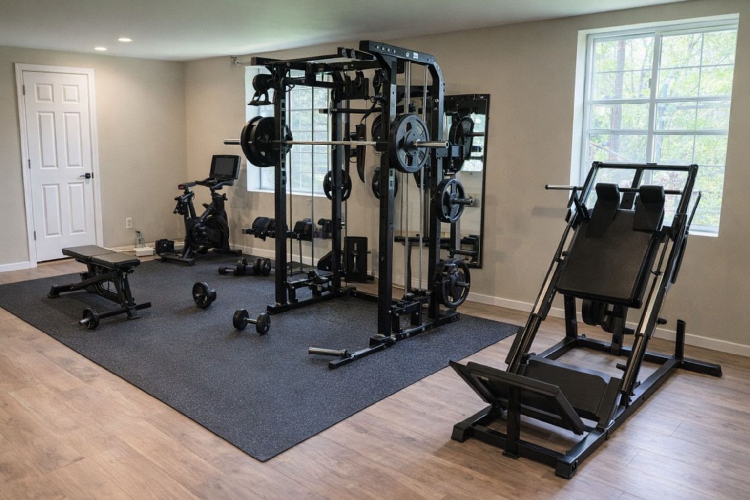 Ett modernt hemmagym med en stor powerrack, benpress och motionscykel på gummimatta.