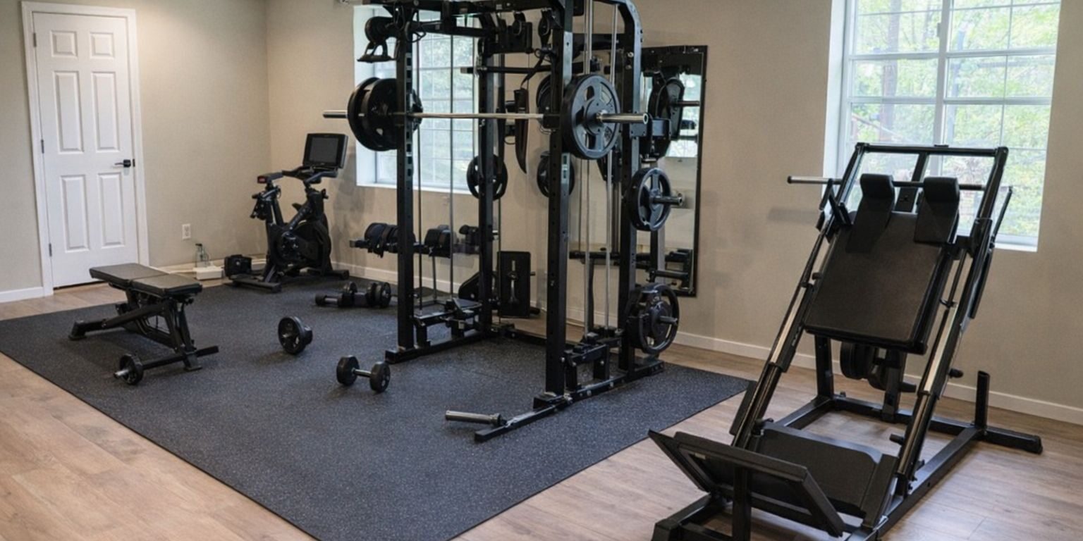 Ett modernt hemmagym med en stor powerrack, benpress och motionscykel på gummimatta.